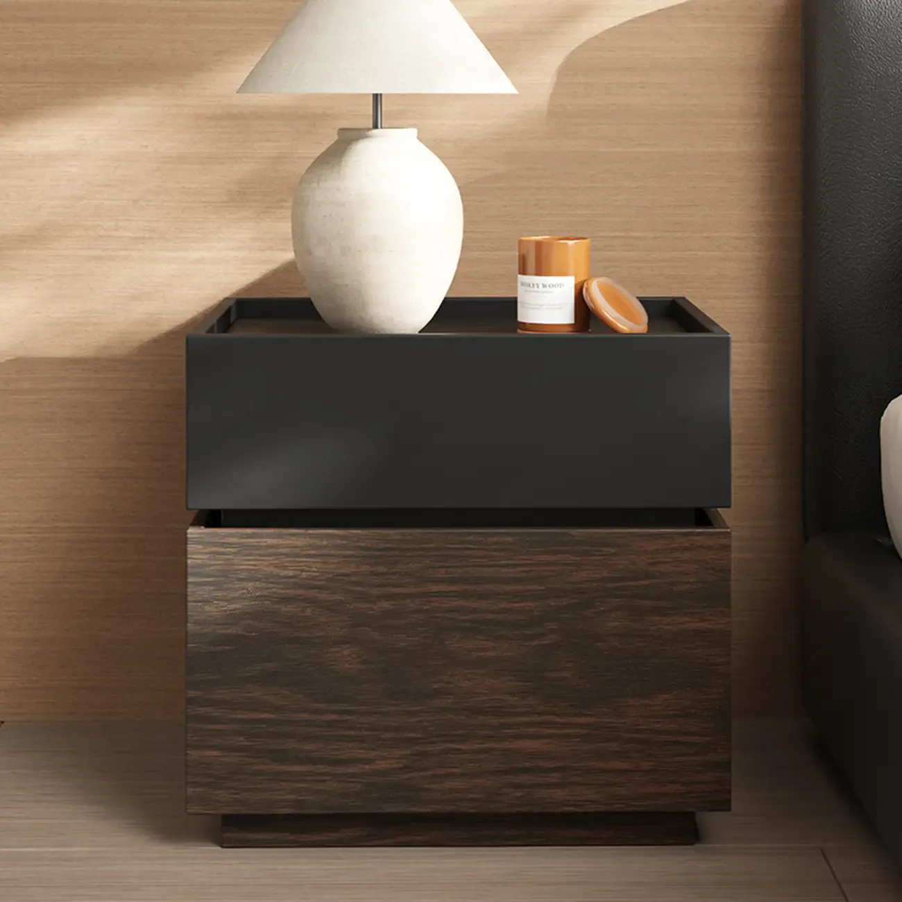 Narrow Black Wooden 2 Drawers Storage Nightstand Image - 1