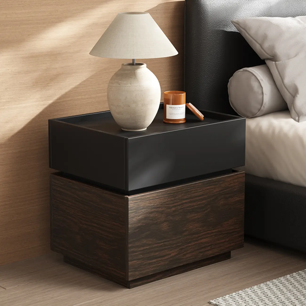 Narrow Black Wooden 2 Drawers Storage Nightstand Image - 3 | homeyfad