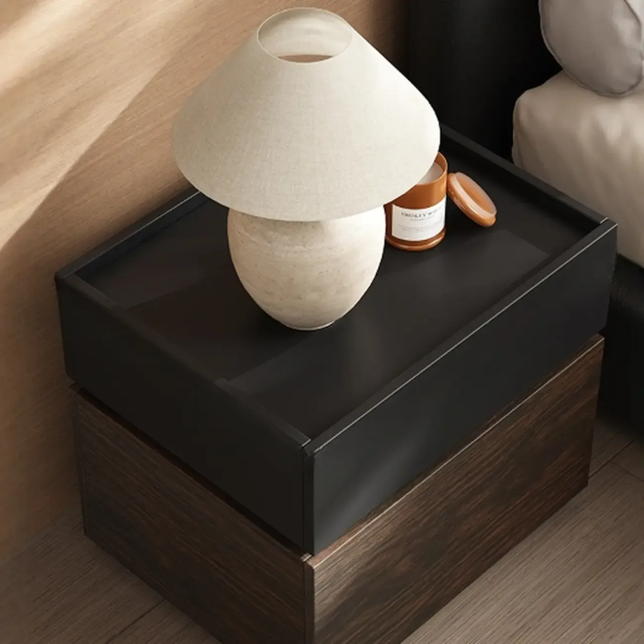 Narrow Black Wooden 2 Drawers Storage Nightstand Image - 4