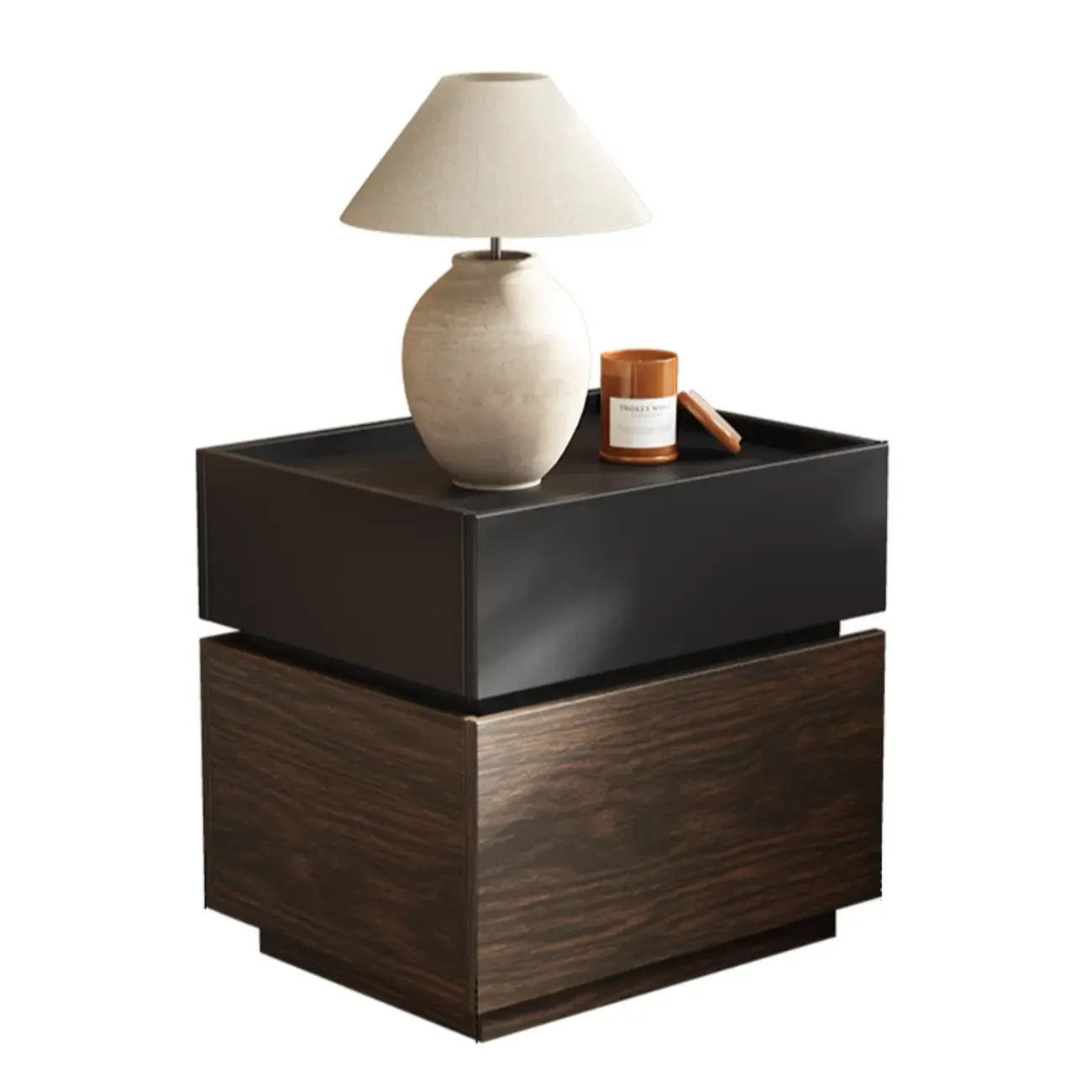 Narrow Black Wooden 2 Drawers Storage Nightstand Image - 5