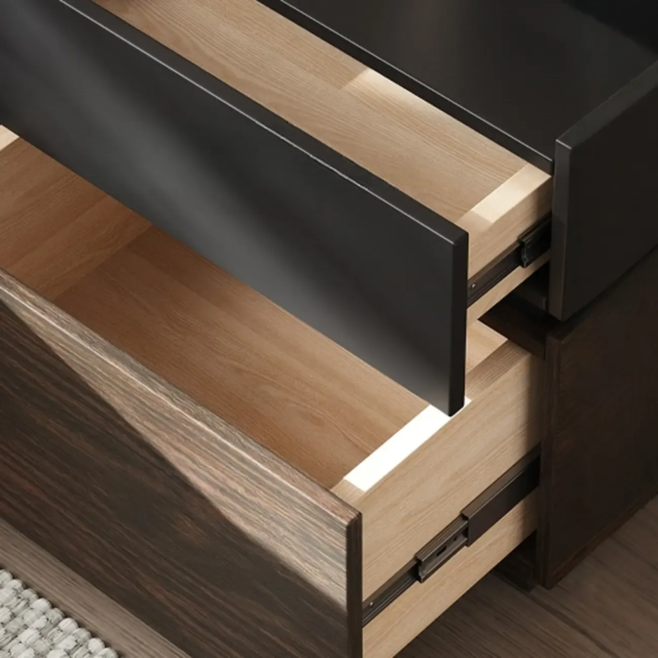 Narrow Black Wooden 2 Drawers Storage Nightstand Image - 7