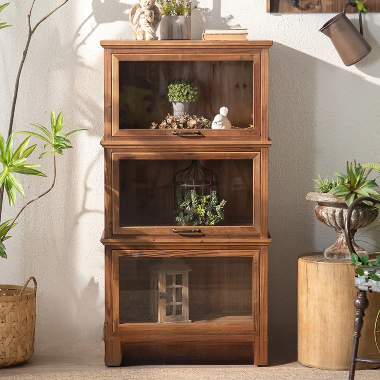 Traditional Multi-Shelves Brown Wooden Flip-Up China Cabinet Image - 2 | homeyfad