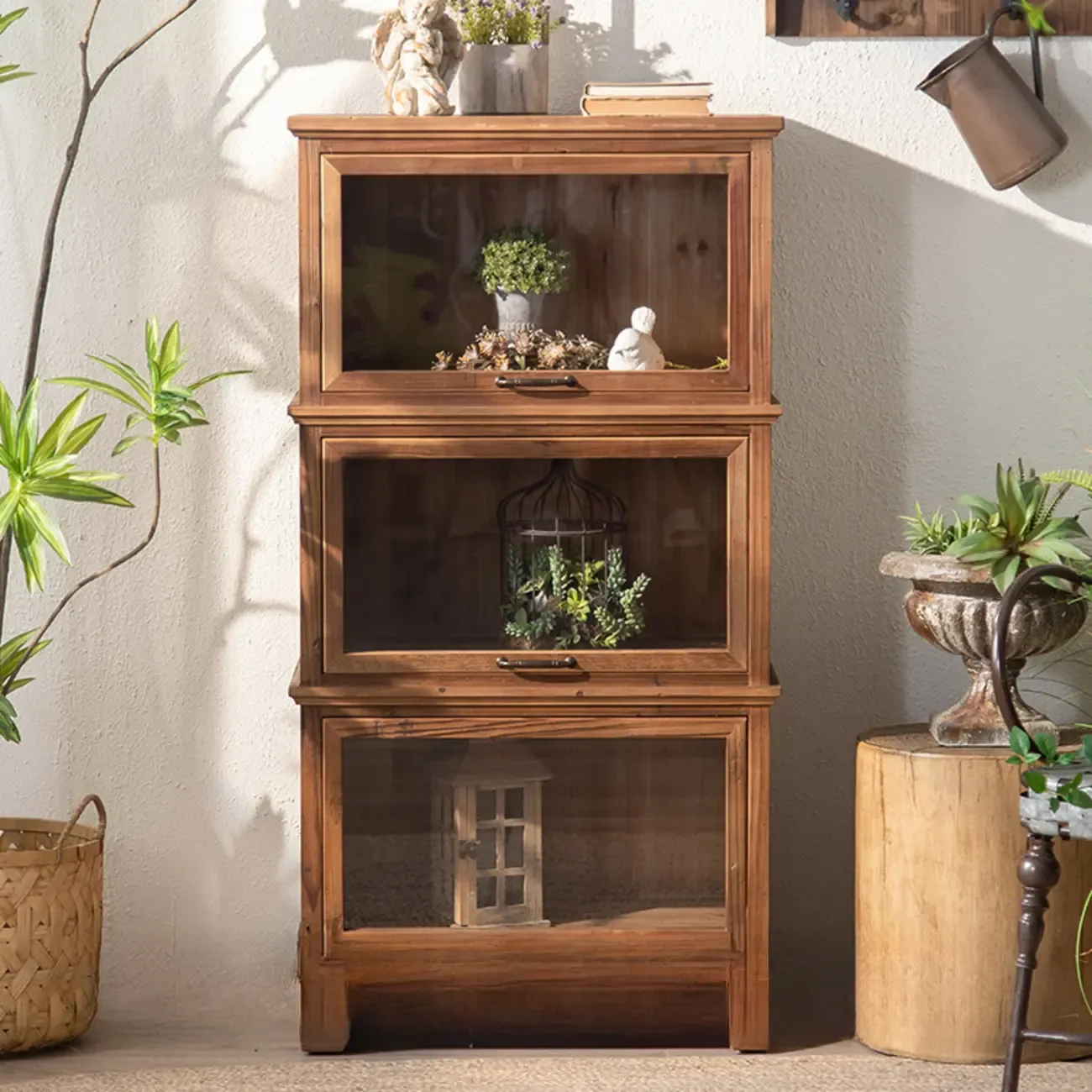 Traditional Multi-Shelves Brown Wooden Flip-Up China Cabinet Image - 2