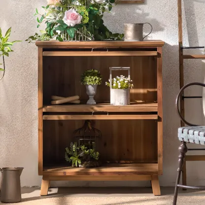 Traditional Multi-Shelves Brown Wooden Flip-Up China Cabinet Image - 5