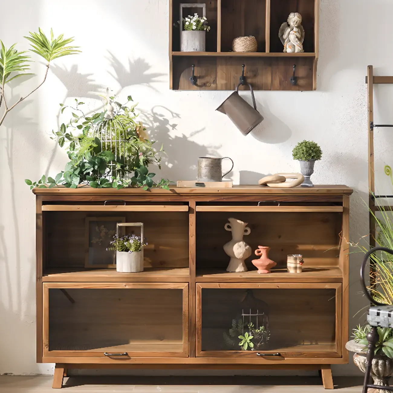 Traditional Multi-Shelves Brown Wooden Flip-Up China Cabinet Image - 7