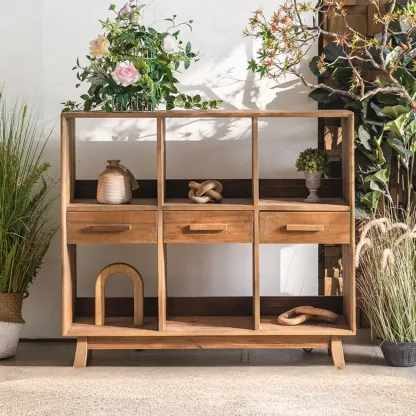 Traditional Multi-Shelves Brown Wooden Flip-Up China Cabinet Image - 8