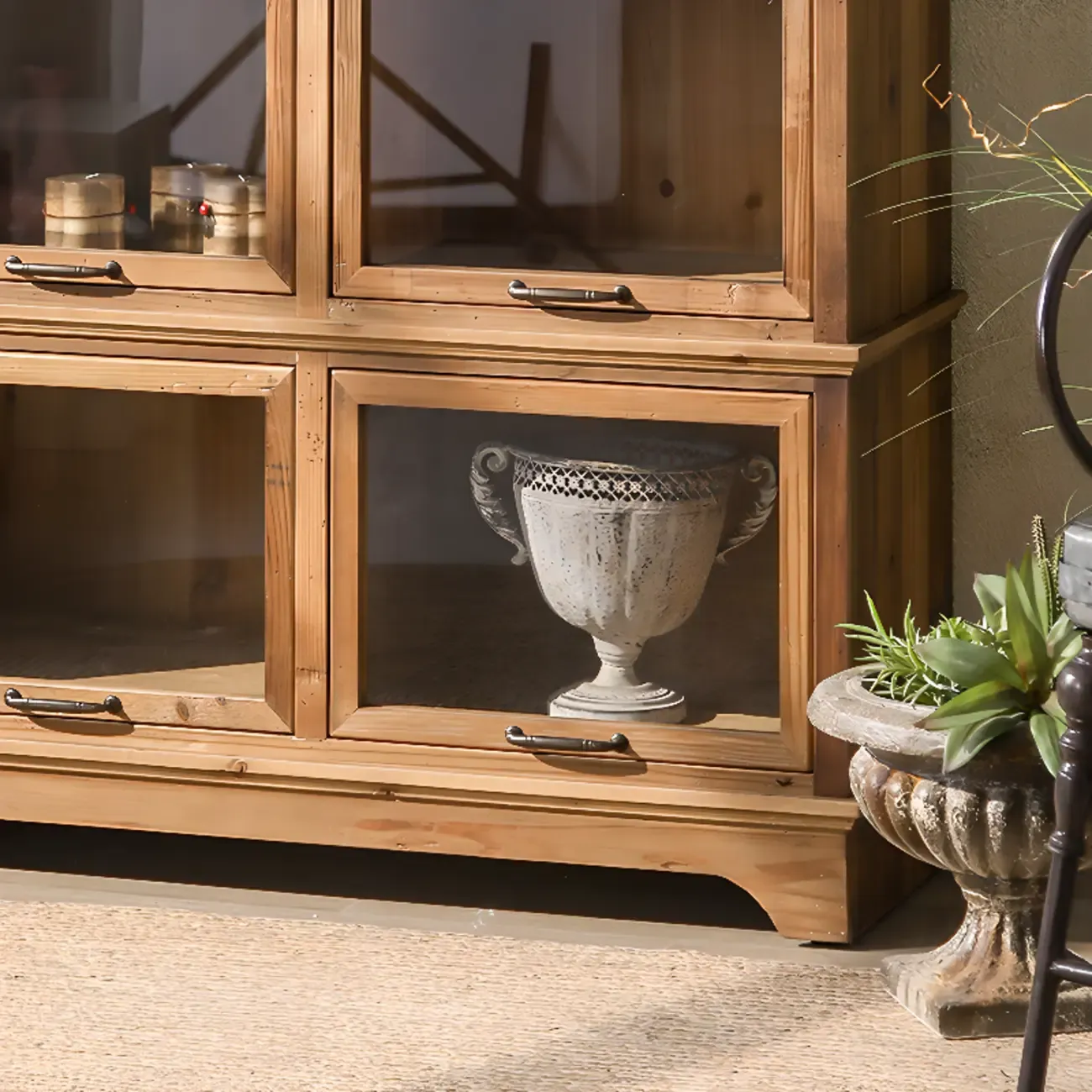 Traditional Multi-Shelves Brown Wooden Flip-Up China Cabinet Image - 10