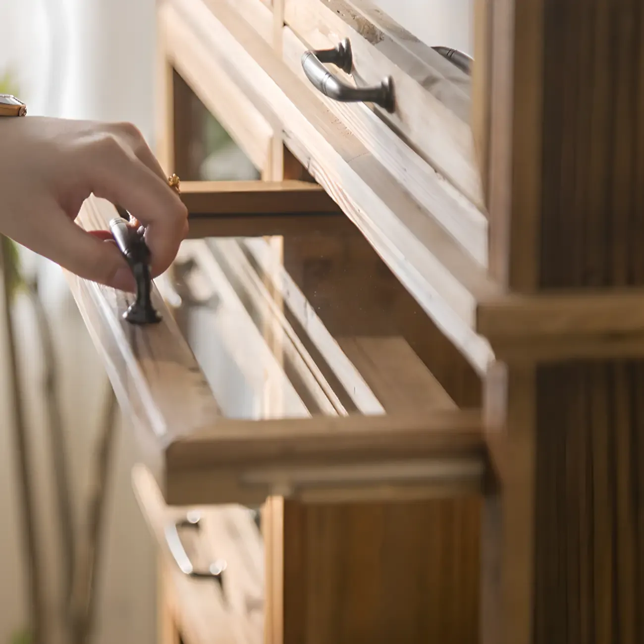 Traditional Multi-Shelves Brown Wooden Flip-Up China Cabinet Image - 12
