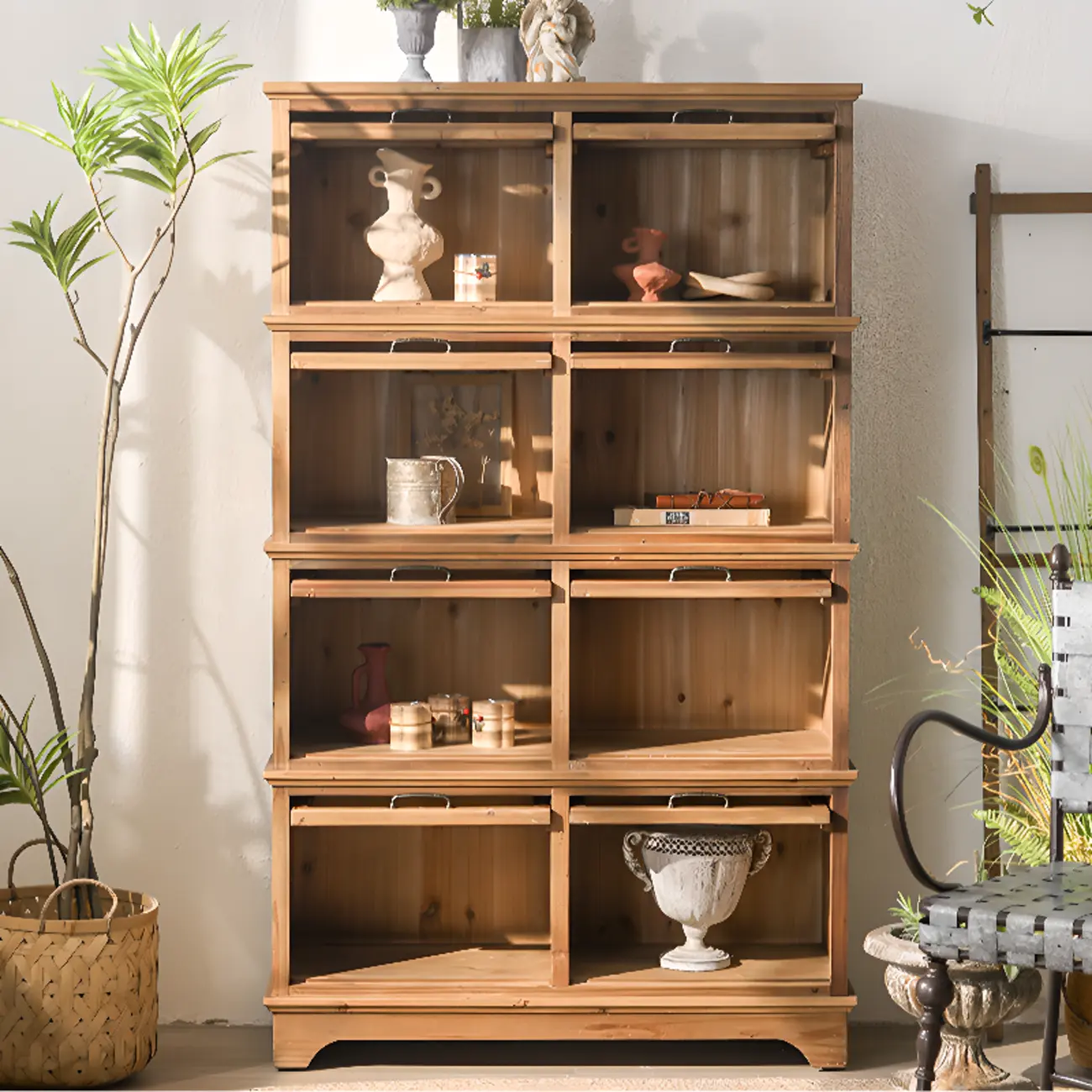 Traditional Multi-Shelves Brown Wooden Flip-Up China Cabinet Image - 13 | homeyfad
