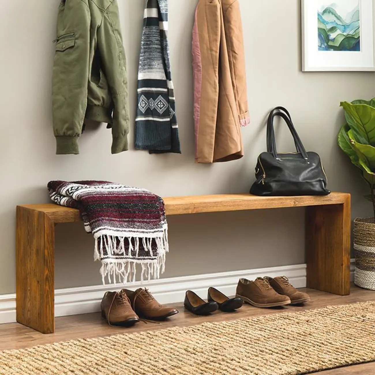 Wooden Entryway Bench Minimalistic Long Natural Finish Image - 12 | homeyfad