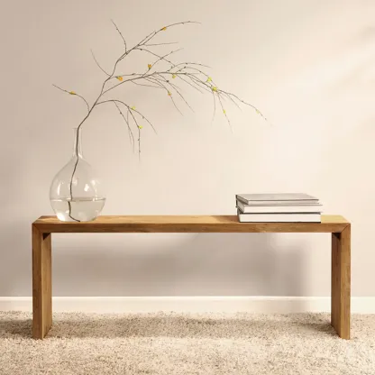 Minimalistic Long Natural Finish Wooden Dining Bench Image - 4