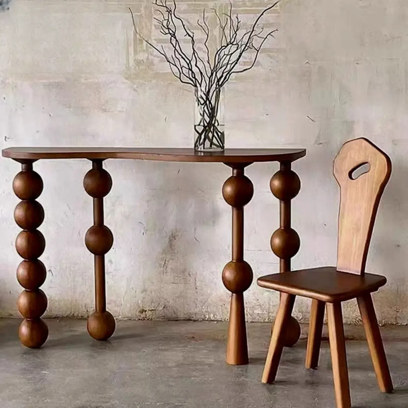 Artistic Walnut Wood Turned Leg Entry Console Table Image - 2