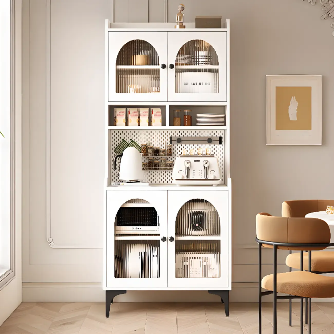 Kitchen Wooden Open Shelving Sideboard Arched Glass Door Image - 1