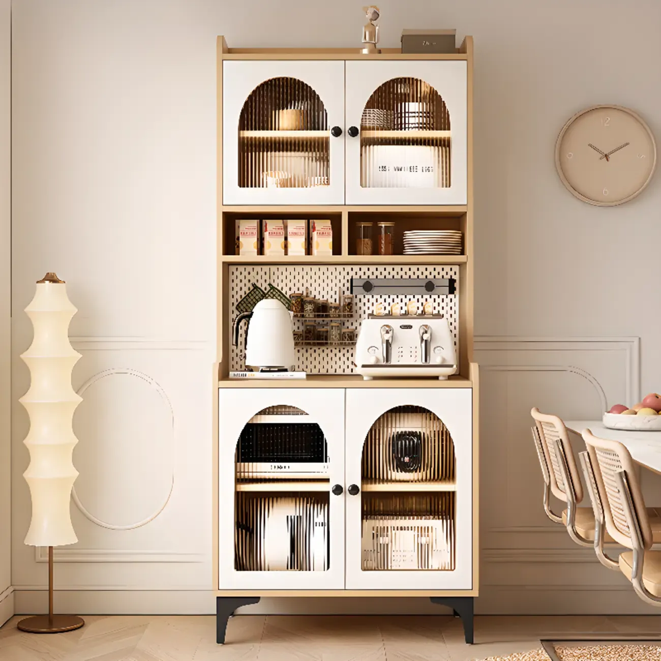 Kitchen Wooden Open Shelving Sideboard Arched Glass Door Image - 4