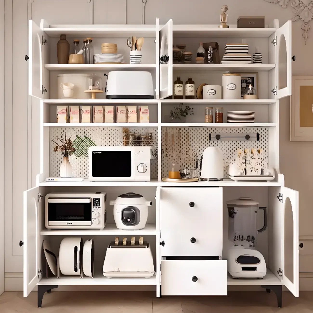 Kitchen Wooden Open Shelving Sideboard Arched Glass Door Image - 8