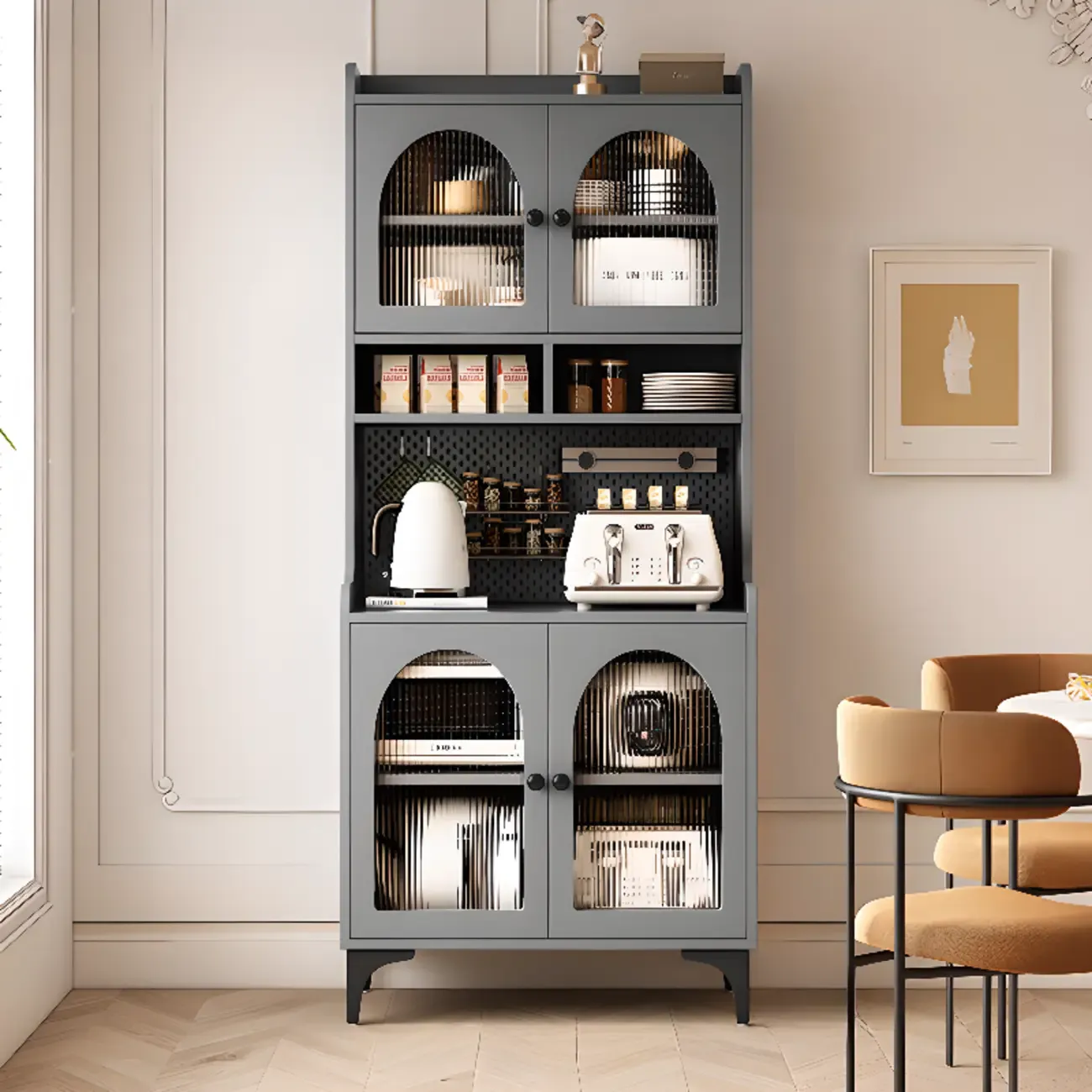 Kitchen Wooden Open Shelving Sideboard Arched Glass Door Image - 2