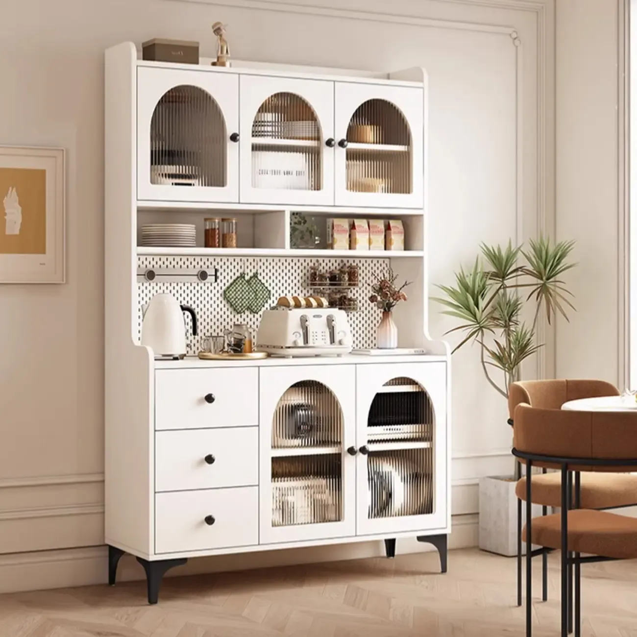 Kitchen Wooden Open Shelving Sideboard Arched Glass Door Image - 7