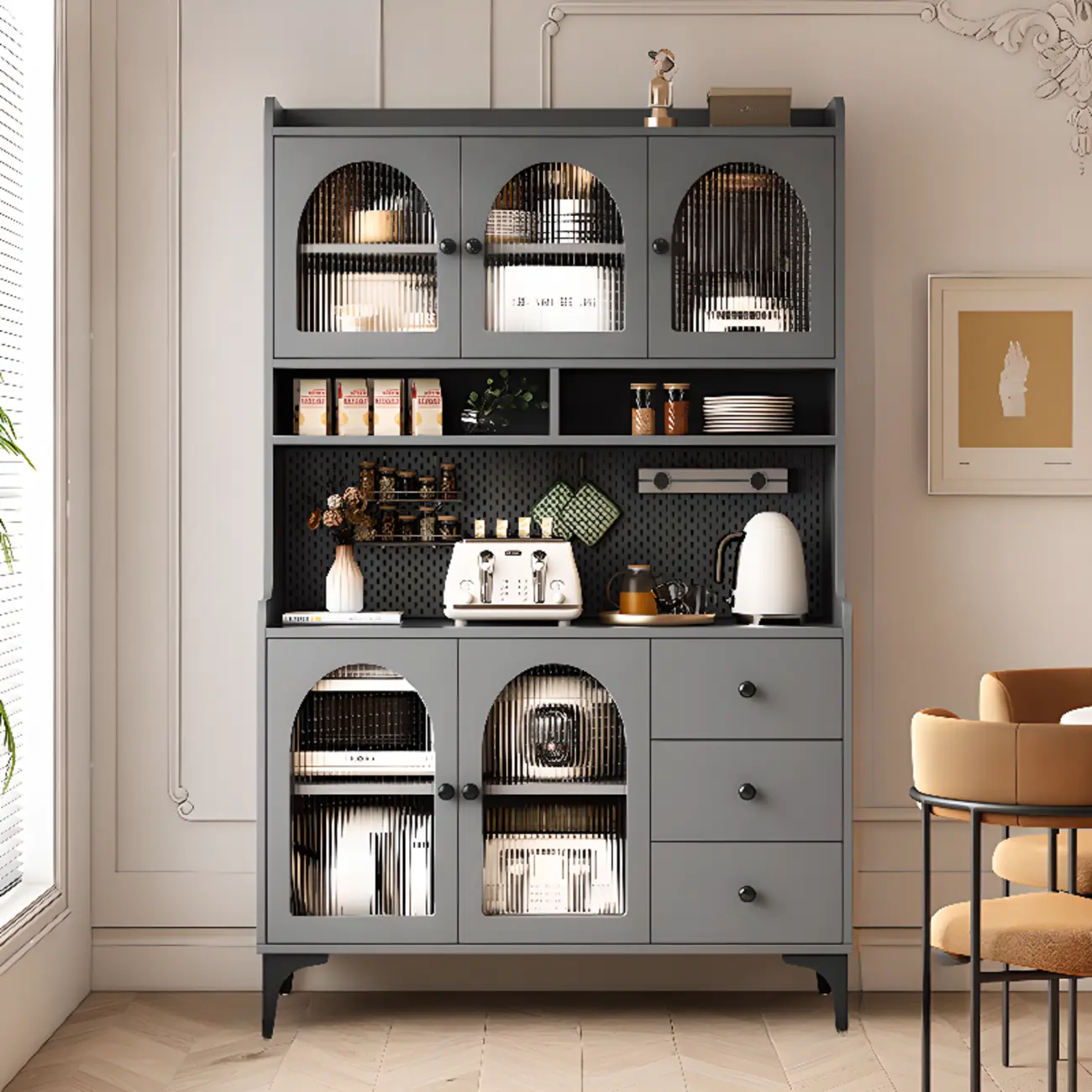 Kitchen Wooden Open Shelving Sideboard Arched Glass Door Image - 16 | homeyfad