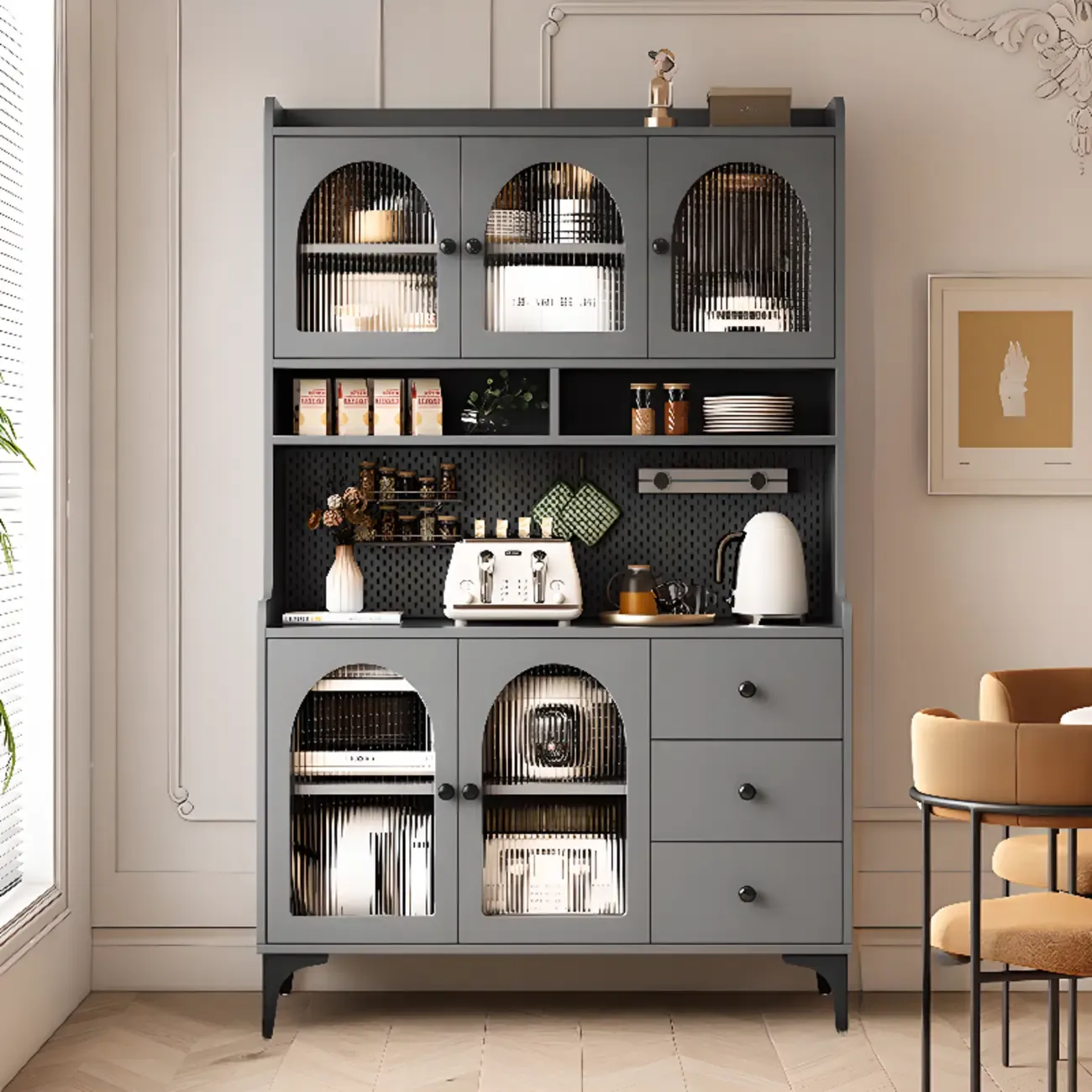 Kitchen Wooden Open Shelving Sideboard Arched Glass Door Image - 16