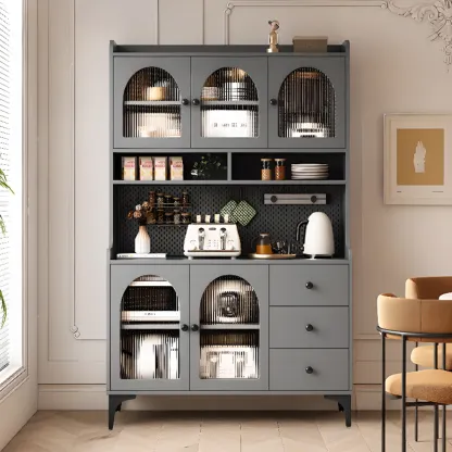 Kitchen Wooden Open Shelving Sideboard Arched Glass Door Image - 16