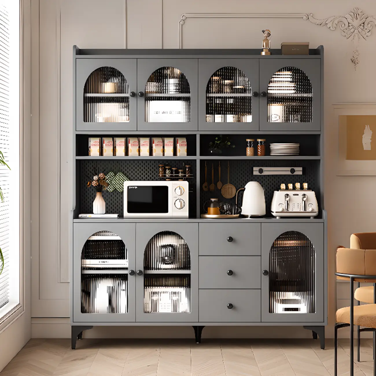 Kitchen Wooden Open Shelving Sideboard Arched Glass Door Image - 14 | homeyfad