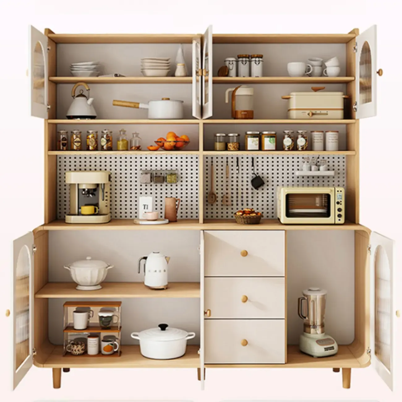 Natural Modern Wooden Buffet Cabinet with Glass Doors Image - 16