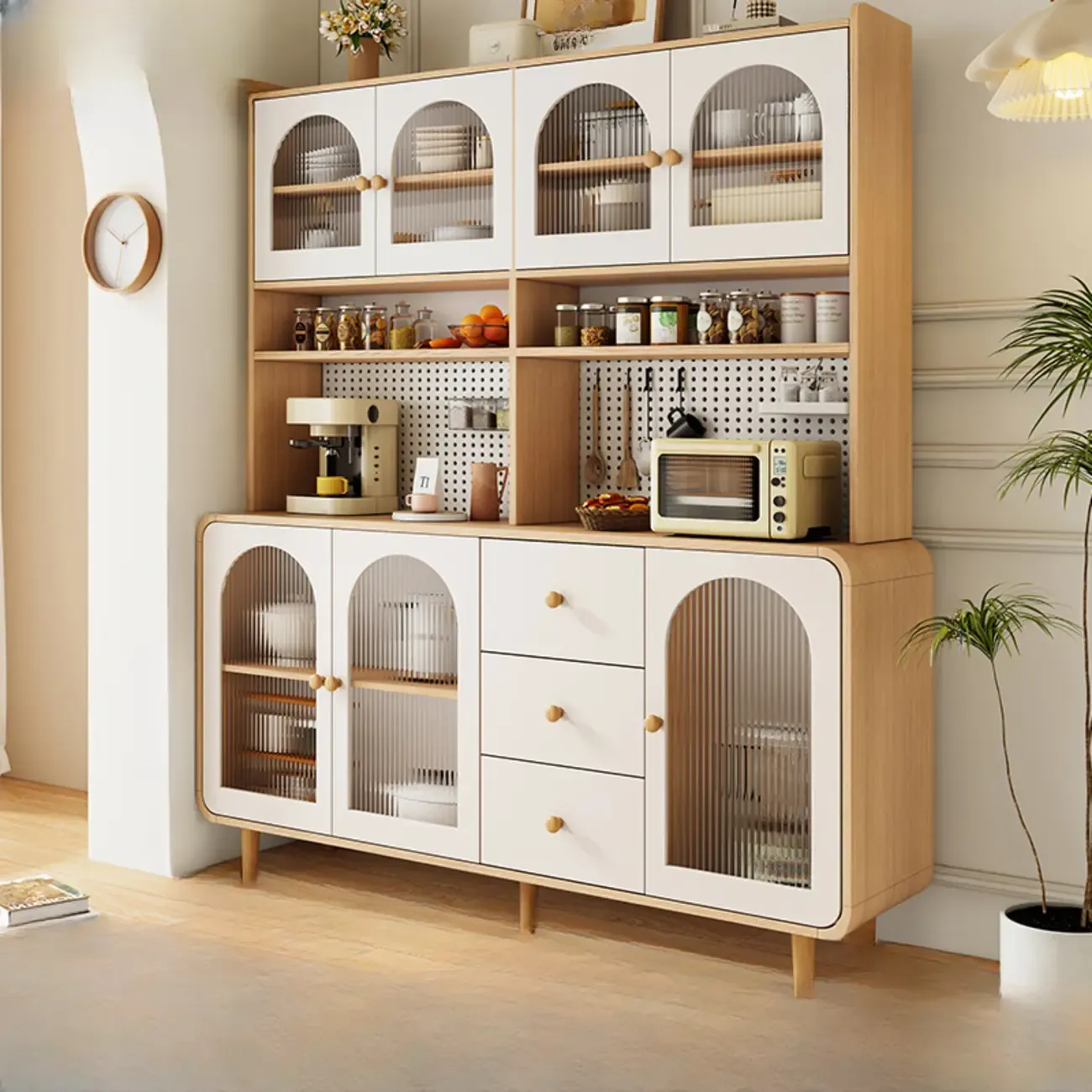 Natural Modern Wooden Buffet Cabinet with Glass Doors Image - 7