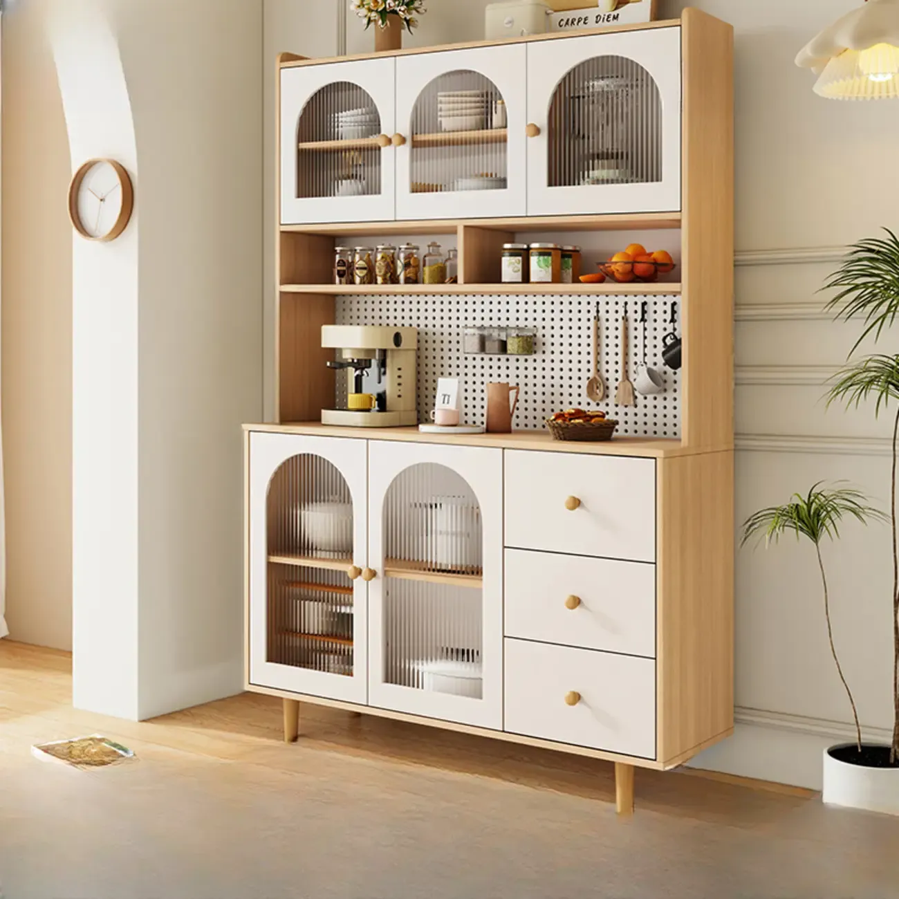 Natural Modern Wooden Buffet Cabinet with Glass Doors Image - 8