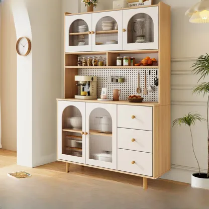 Natural Modern Wooden Buffet Cabinet with Glass Doors Image - 8