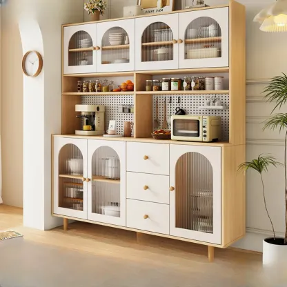 Natural Modern Wooden Buffet Cabinet with Glass Doors Image - 14