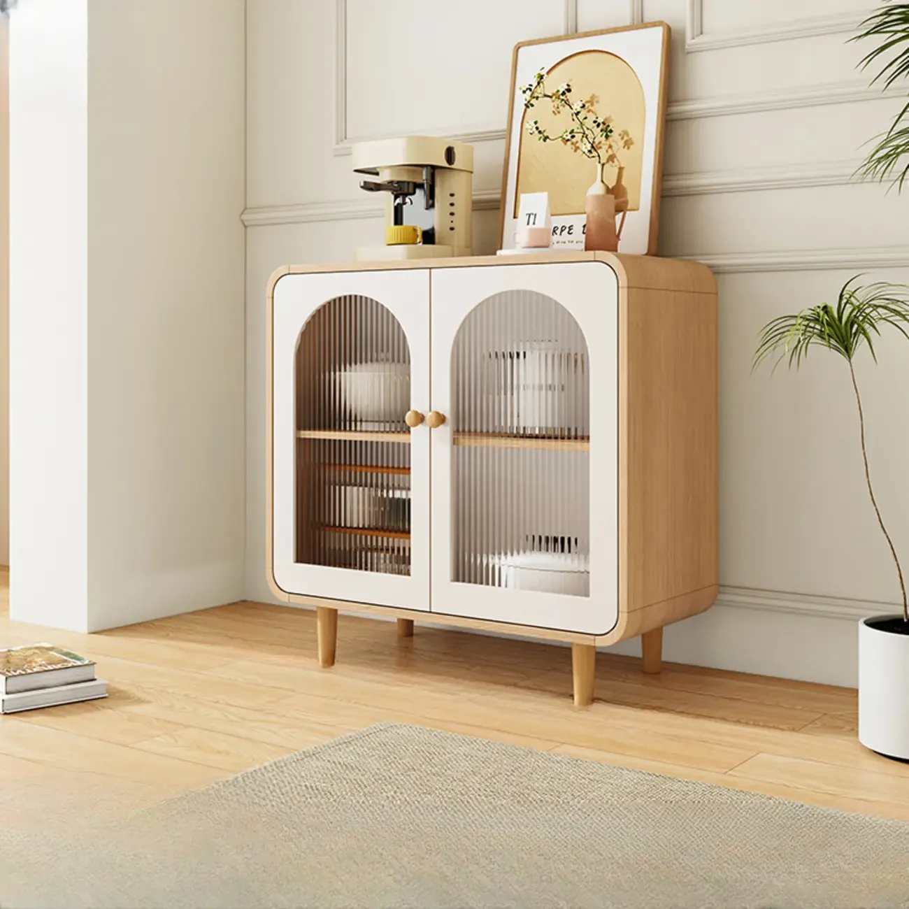 Natural Modern Wooden Buffet Cabinet with Glass Doors Image - 3