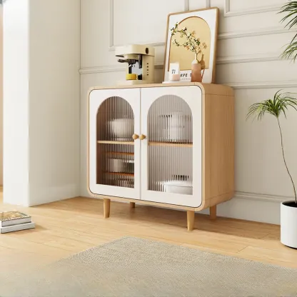 Natural Modern Wooden Buffet Cabinet with Glass Doors Image - 3