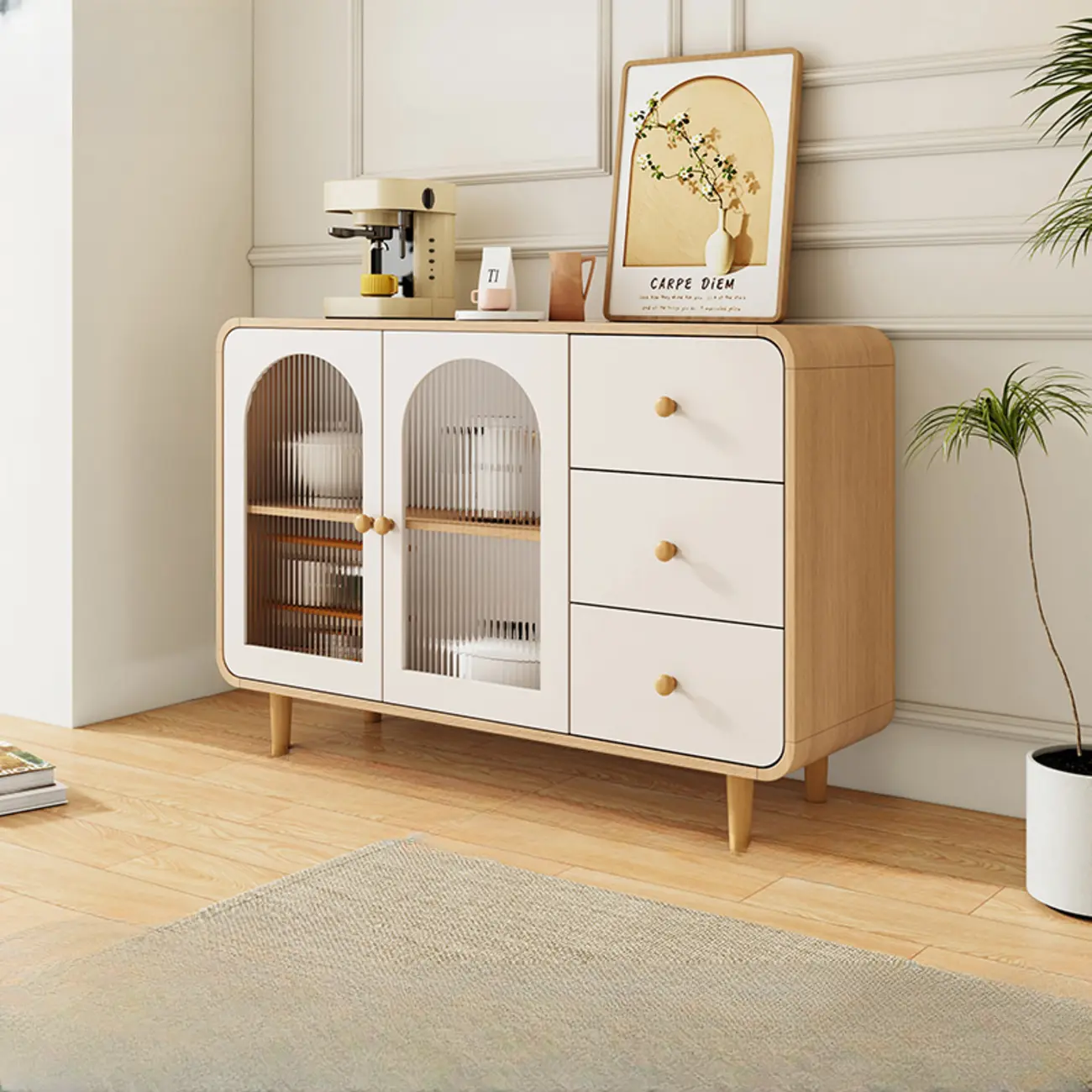 Natural Modern Wooden Buffet Cabinet with Glass Doors Image - 2 | homeyfad