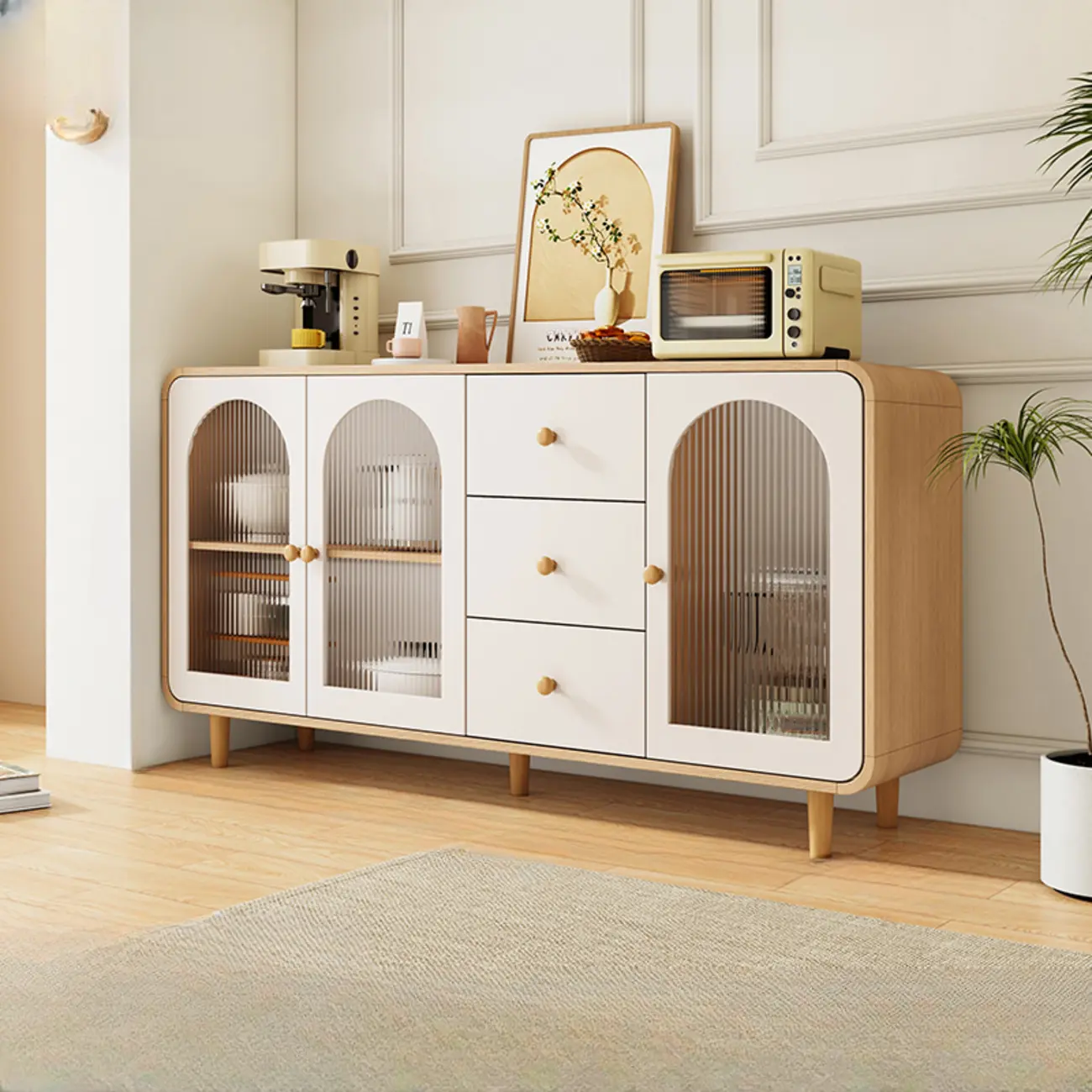 Natural Modern Wooden Buffet Cabinet with Glass Doors Image - 1 | homeyfad