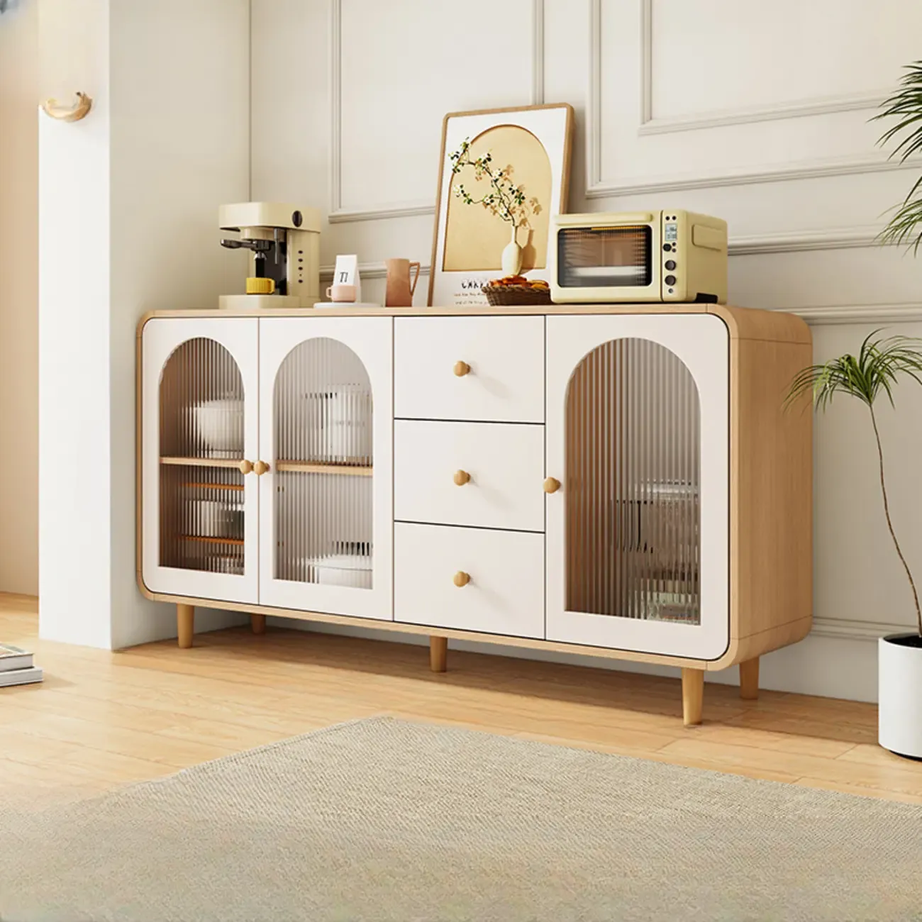 Natural Modern Wooden Buffet Cabinet with Glass Doors Image - 1