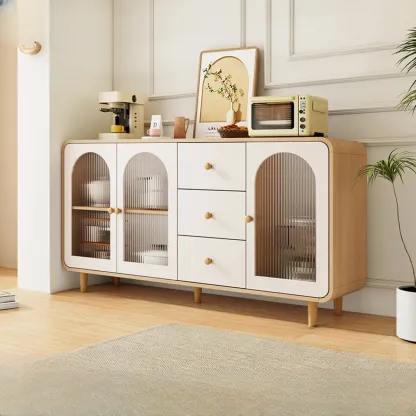 Natural Modern Wooden Buffet Cabinet with Glass Doors Image - 1
