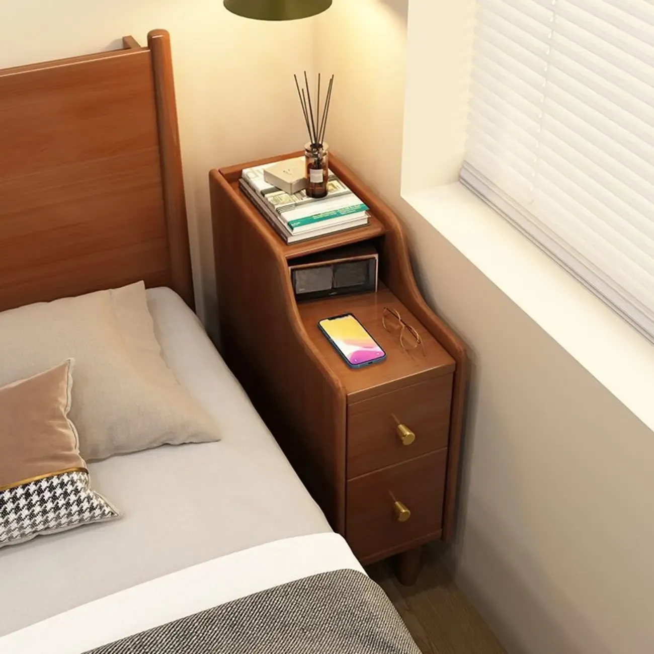 Narrow Wood 2 Drawers Nightstand in Natural Finish Image - 2