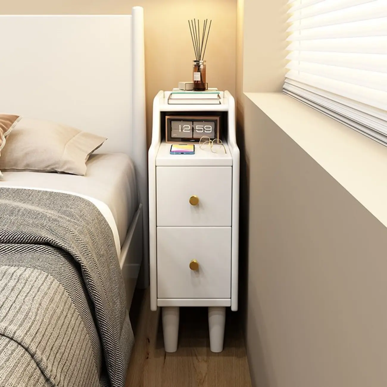 Narrow Wood 2 Drawers Nightstand in Natural Finish Image - 3 | homeyfad