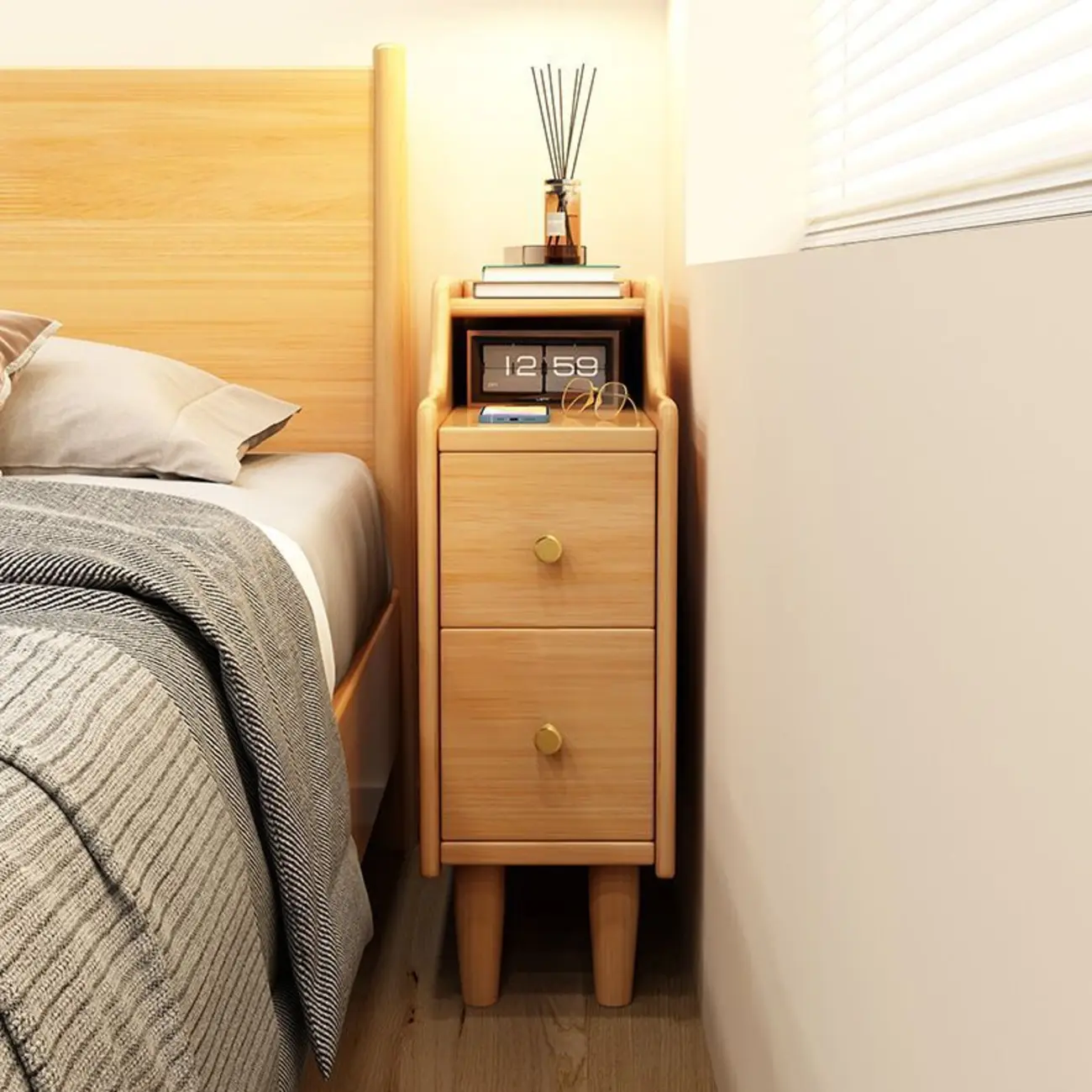 Narrow Wood 2 Drawers Nightstand in Natural Finish Image - 1 | homeyfad