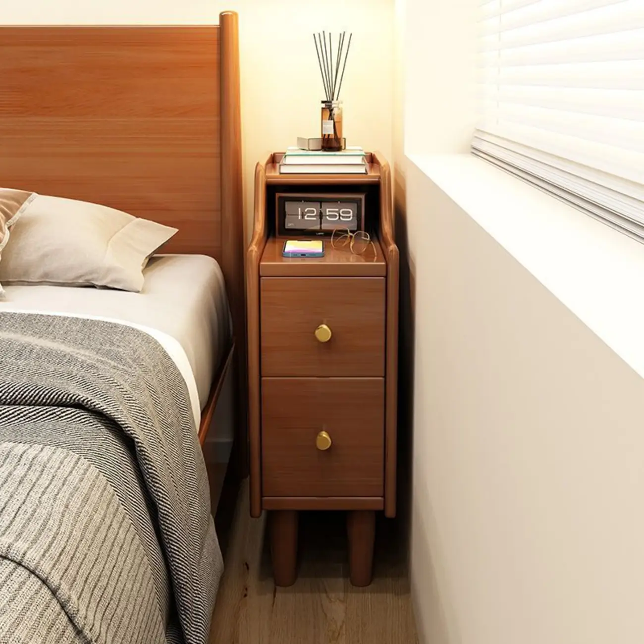 Narrow Wood 2 Drawers Nightstand in Natural Finish Image - 5 | homeyfad