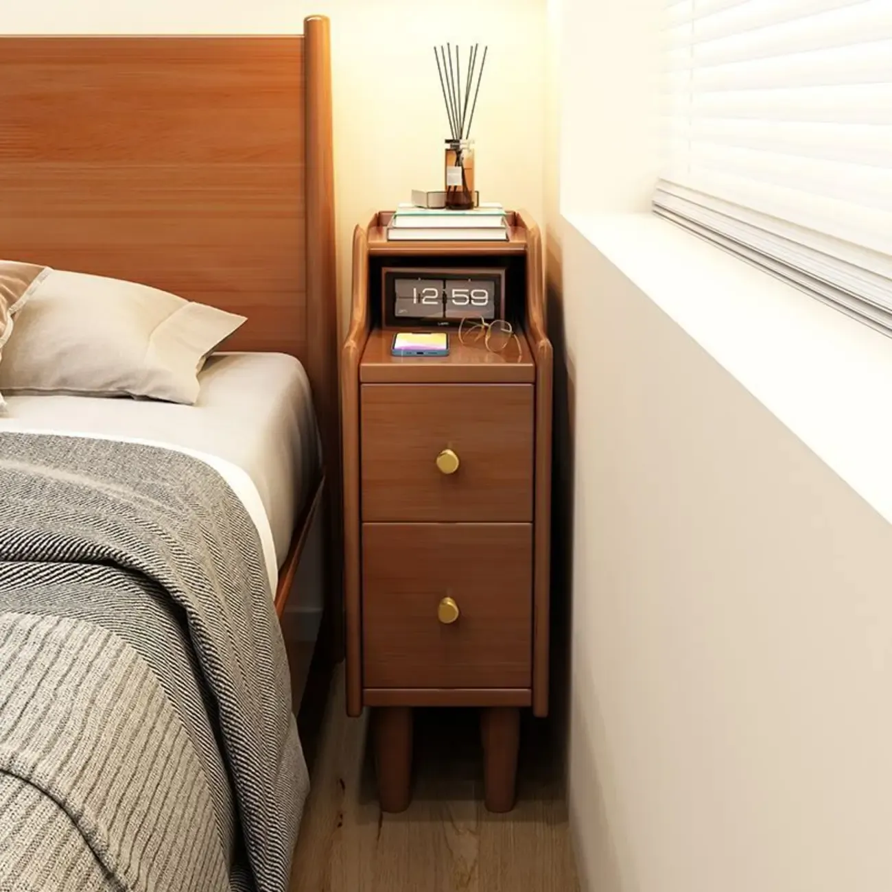 Narrow Wood 2 Drawers Nightstand in Natural Finish Image - 5