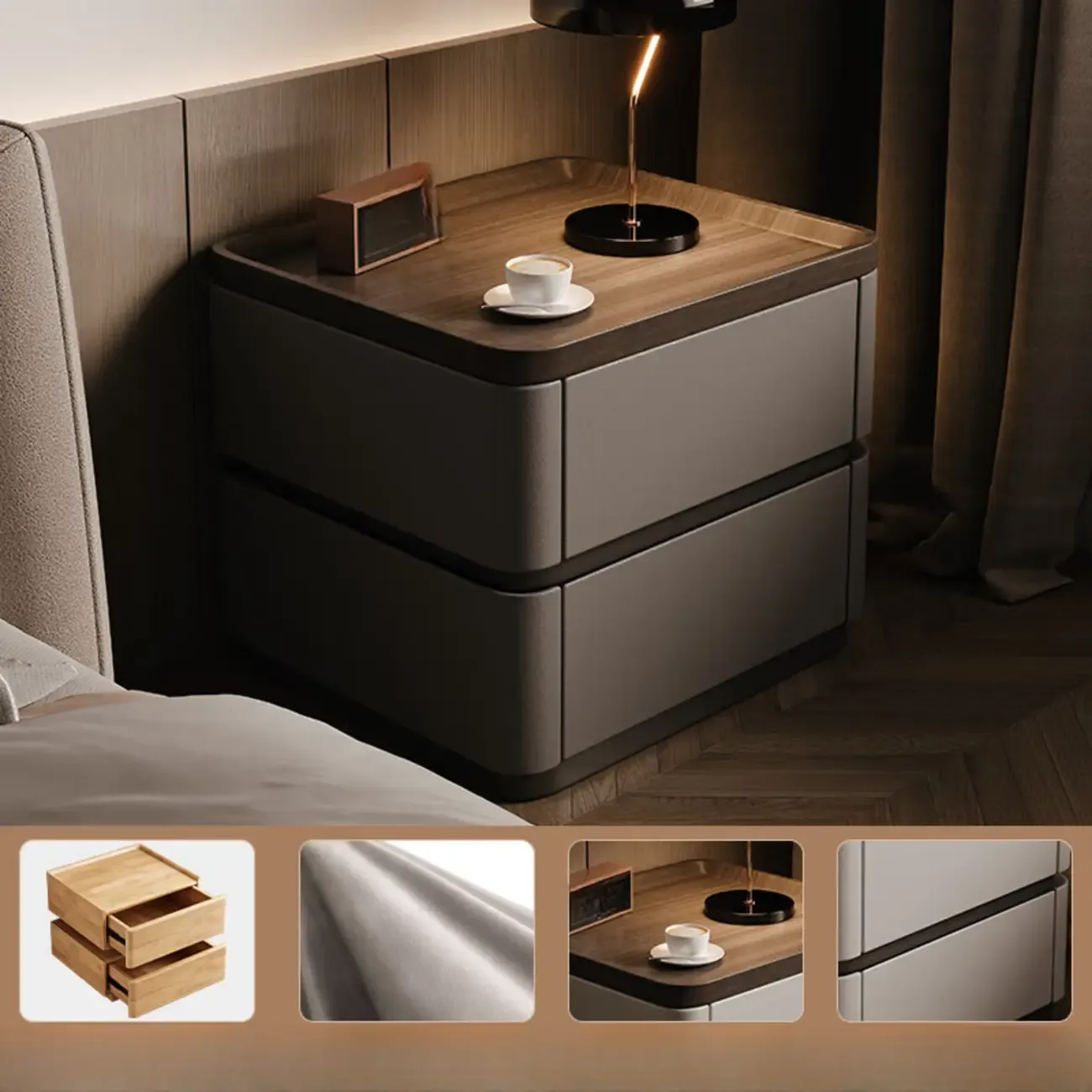 Wooden Overbed 2 Drawers Nightstand with Grooved Top Image - 3