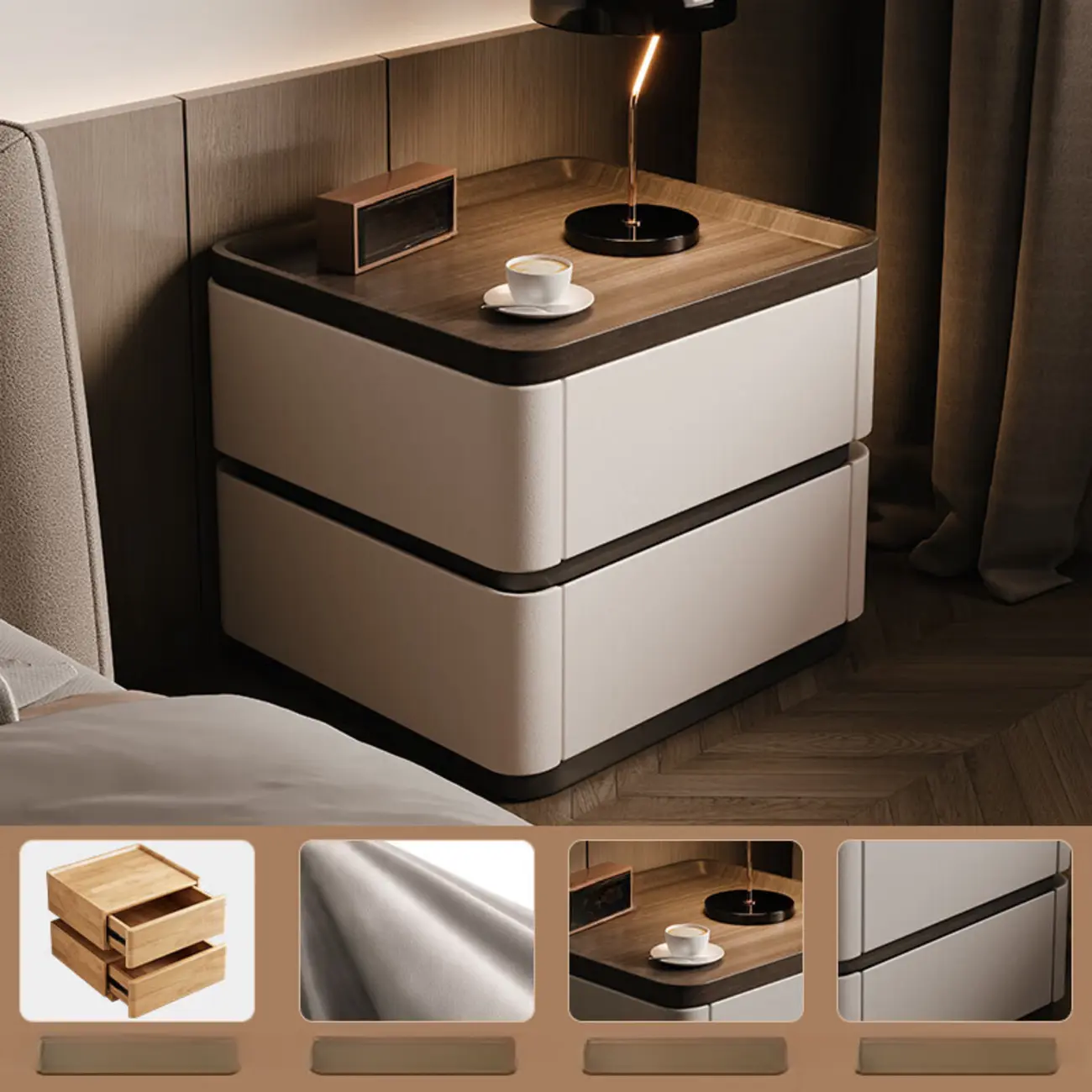 Wooden Overbed 2 Drawers Nightstand with Grooved Top Image - 2 | homeyfad