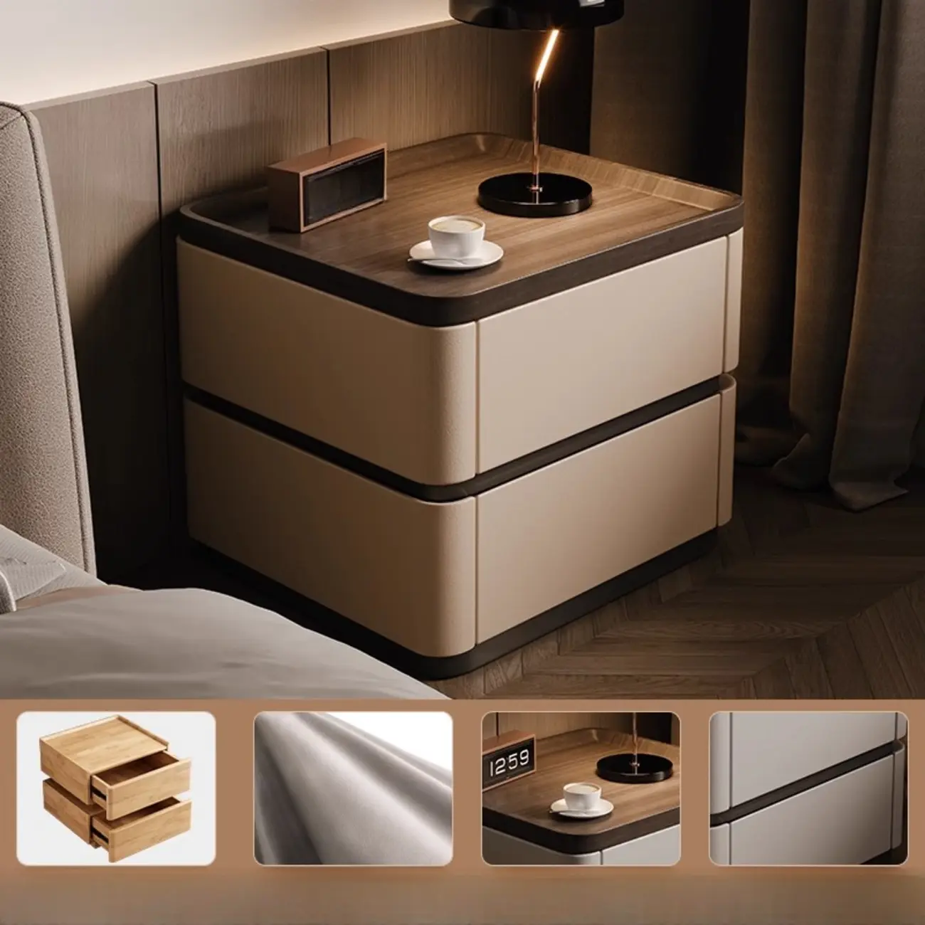 Wooden Overbed 2 Drawers Nightstand with Grooved Top Image - 5 | homeyfad