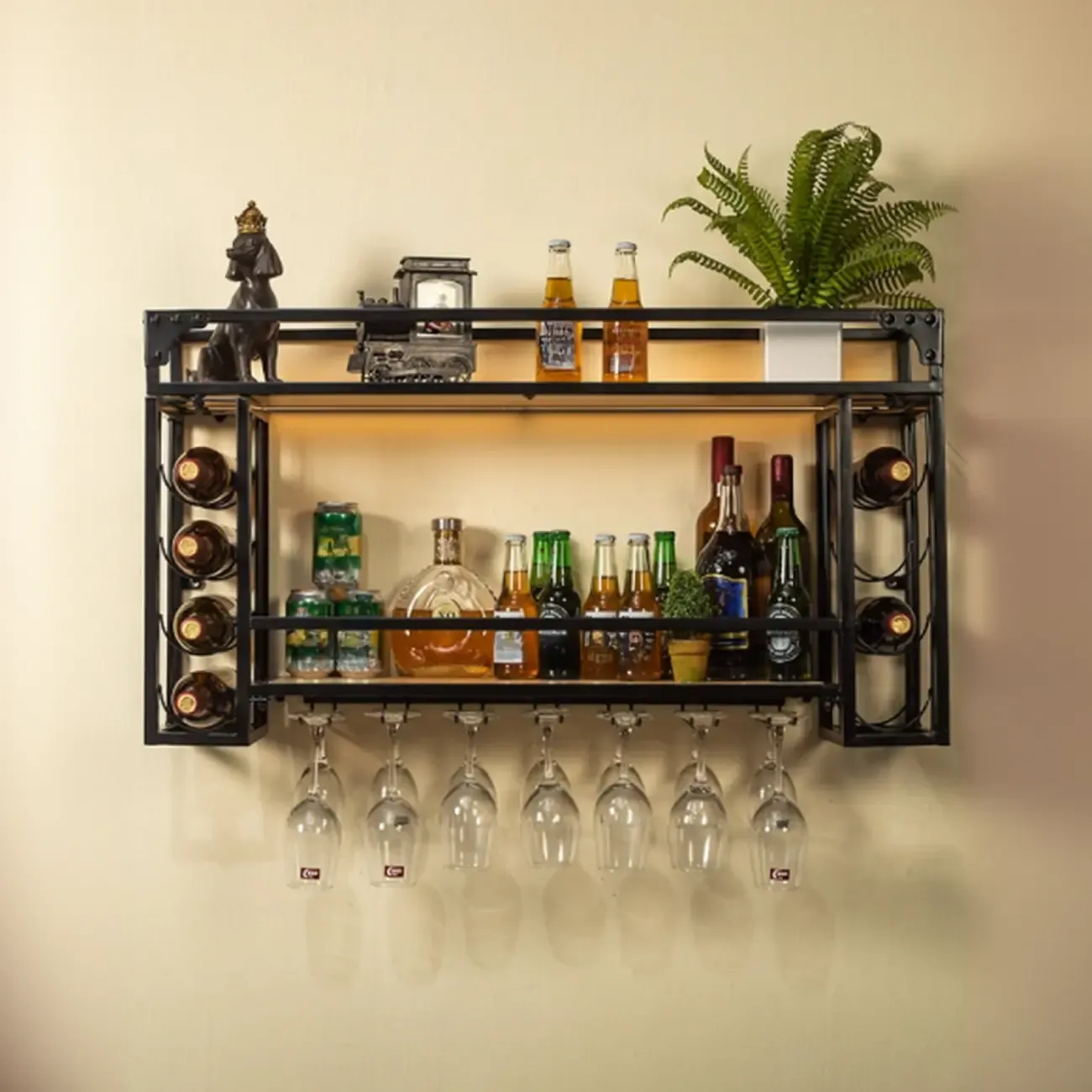 Steel Wall-Secured Wine Bottle & Glass Rack with Shelf Image - 1