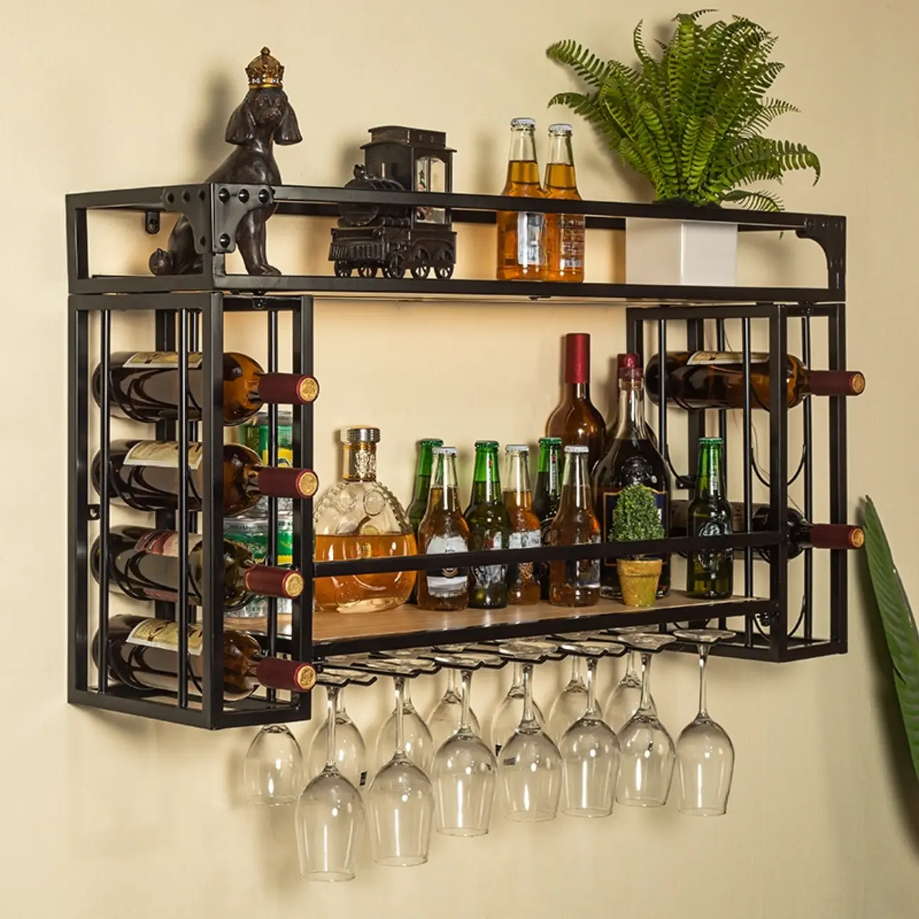 Steel Wall-Secured Wine Bottle & Glass Rack with Shelf Image - 2 | homeyfad