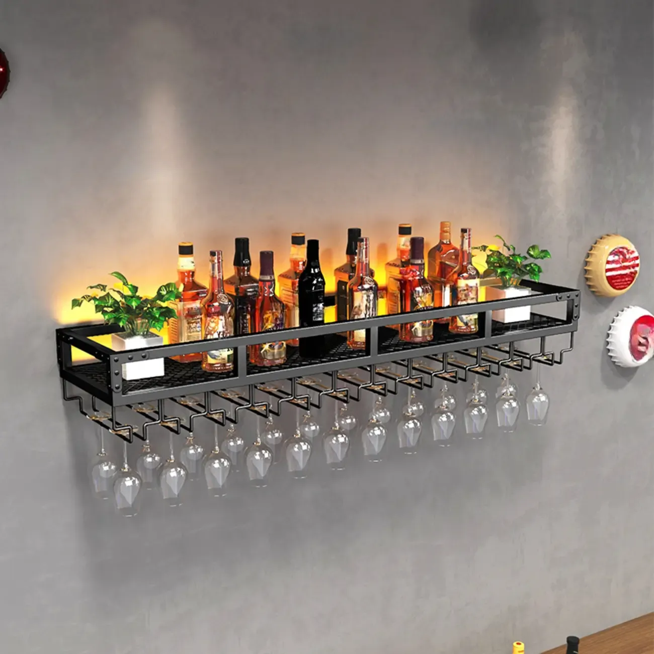 Industrial Metal Wall Mounted Wine Rack with Glass Holder | HomeyFad