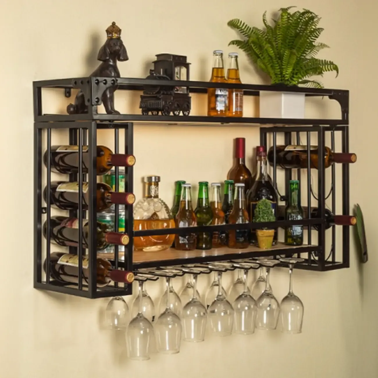 Steel Wall-Secured Wine Bottle & Glass Rack with Shelf Image - 4