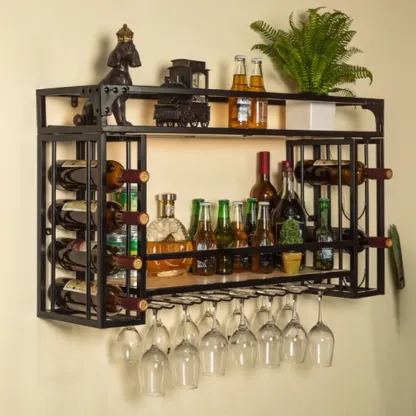 Steel Wall-Secured Wine Bottle & Glass Rack with Shelf Image - 4