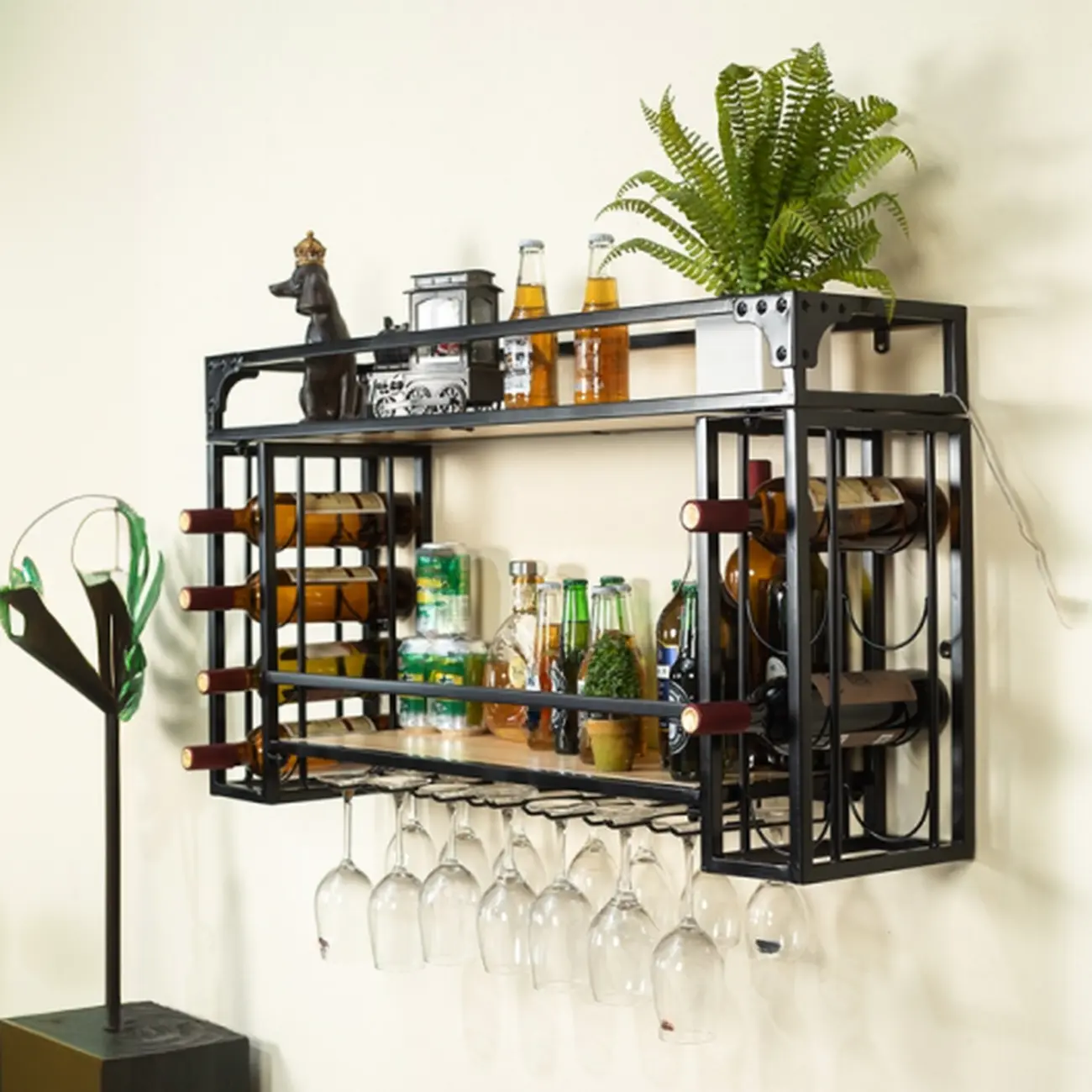 Steel Wall-Secured Wine Bottle & Glass Rack with Shelf Image - 5 | homeyfad